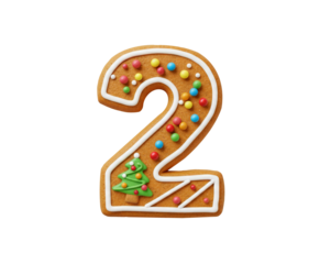 Decorated gingerbread cookie shaped like number two png isolated on transparent background