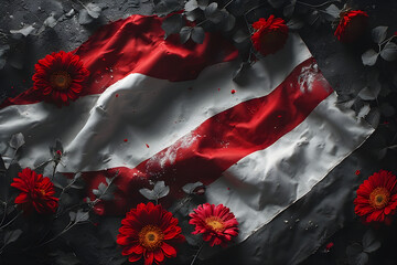 a black and white Netherlands independence Day celebration abstract background in national flag colours with flowers.