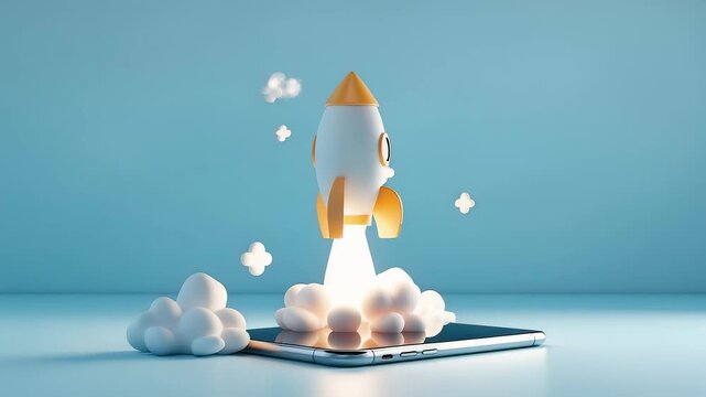 Yellow rocket launching with flames and clouds from tablet screen on blue background