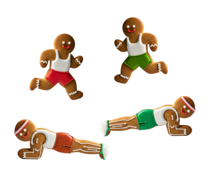 Funny gingerbread men cookies in various fitness poses png isolated on transparent background