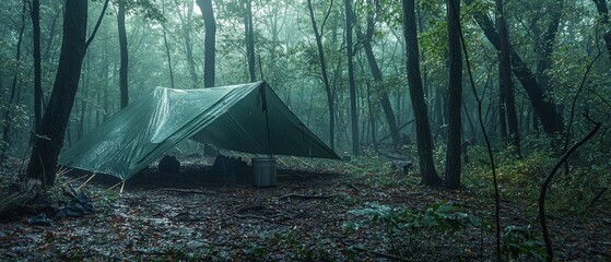 Rain shelter tarp tent in misty forest during camping in wilderness survival atmosphere