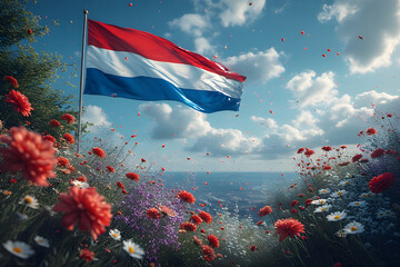 a black and white Netherlands independence Day celebration abstract background in national flag colours with flowers.