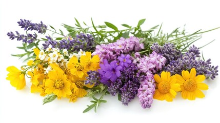A colorful bouquet of flowers including lavender, daisies, and other wildflowers, arranged on a white background.