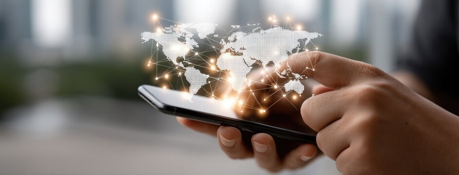 Holding a smartphone while interacting with a digital world map symbolizing global connectivity