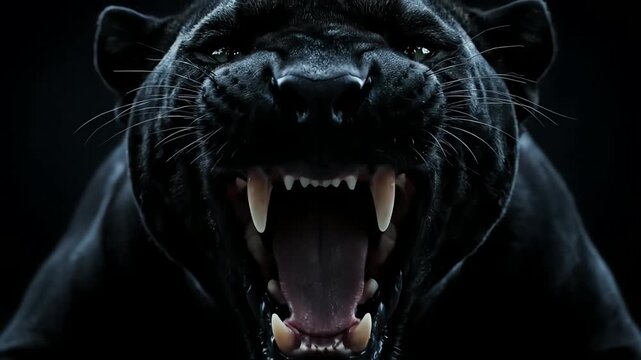 Close up of a black panther roaring with sharp teeth visible in the dark.