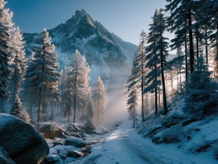 A minimalist winter landscape of snow-covered pine trees