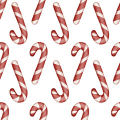 A seamless pattern featuring red and white candy canes, painted in a watercolor style. Perfect for Christmas packaging, textiles, wrapping paper, greeting cards, and festive decorations.