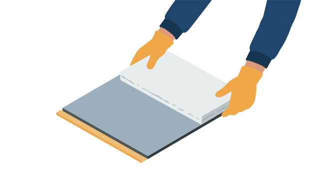 Isometric hands installing drywall with tools and gloves on white background