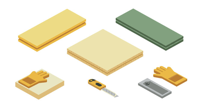 Construction tools and materials isometric knife, gloves, insulation boards for diy projects