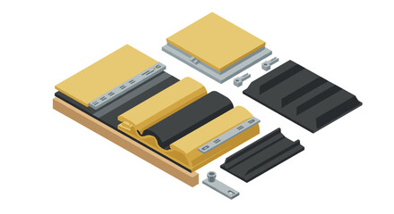 Isometric roofing materials collection durable shingles and fasteners