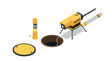 Isometric inspection equipment set with camera, manhole cover, barrier, isolated on white