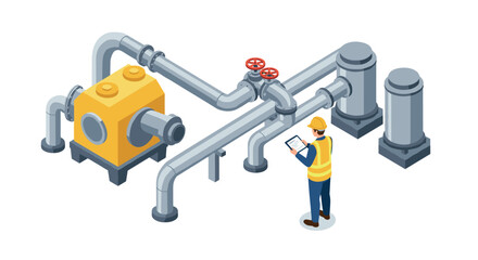 Fototapeta premium Isometric industrial pipeline system with engineer inspecting controls