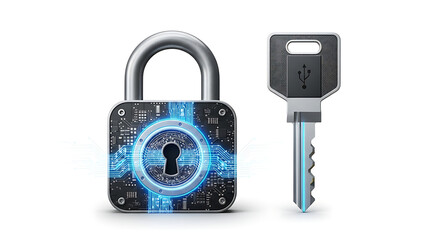 Futuristic Security Concept: Lock and USB Key Highlighting Digital Data Protection