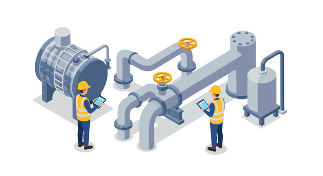 Engineers inspecting industrial pipeline system in isometric design for safety and efficiency