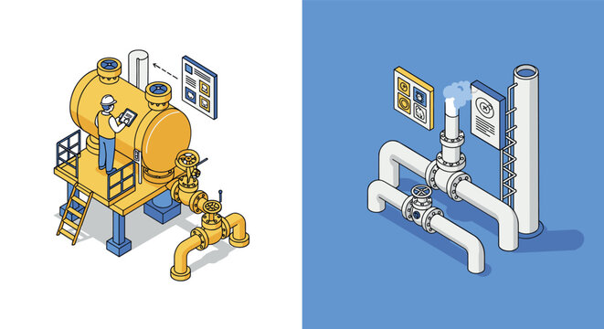 Industrial isometric design with worker and machinery in blue and yellow theme