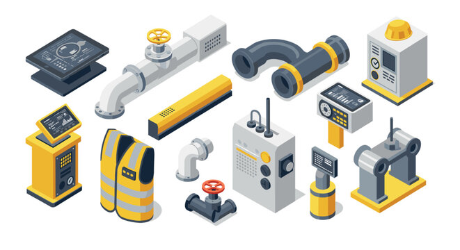 Industrial equipment with isometric technology elements in yellow and gray theme