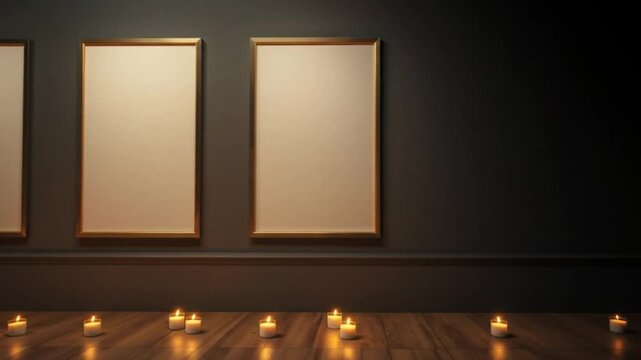 Three blank frames above lit candles on wooden floor against dark wall