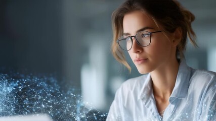 Professional woman in bright office setting is engaged in work on her laptop, surrounded by futuristic network visualization. Scene highlights digital transformation, tech driven productivity - Powered by Adobe