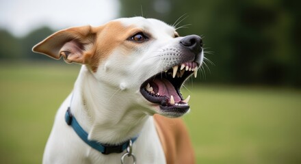 A white dog with brown ears and a blue collar barking in a green field.