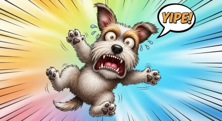 A cartoon dog with a surprised expression, jumping and barking with a speech bubble saying 'Yipe!' on a rainbow background.