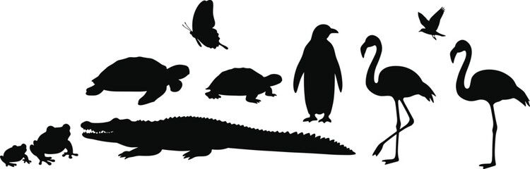 Animal silhouettes, frog toad crocodile, turtle penguin flamingo, butterfly bird wildlife, black vector illustration