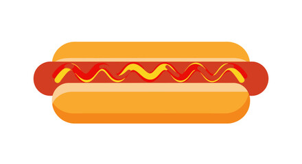 A flat, graphic depiction of a hot dog in a bun, with ketchup and mustard zigzags