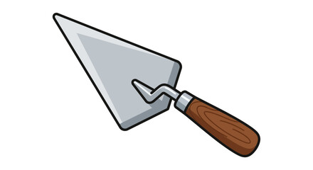 Cartoon illustration of a metal triangular trowel with a wooden handle, used for construction and masonry work