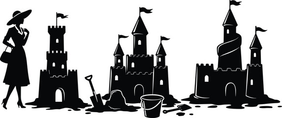 Black and white beach silhouette, sandcastle illustration, summer holiday design, seaside vacation art, playful sand bucket