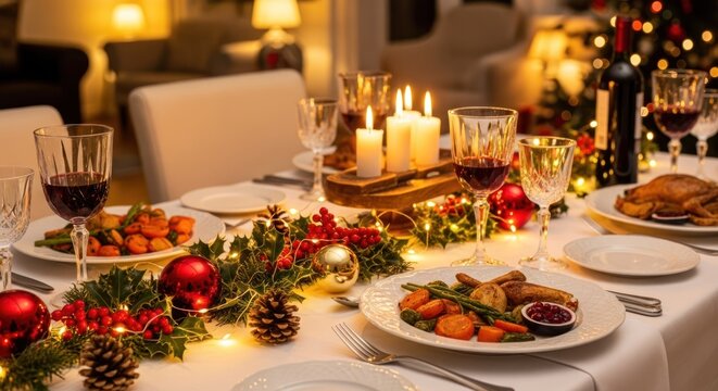 A beautifully set Christmas table with candles, wine glasses, and festive decorations.