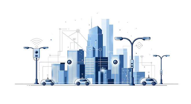 Illustration of a connected city with autonomous vehicles and smart infrastructure.