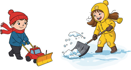 Cartoon children shoveling snow, kid with snowplow toy, winter outdoor activity, child clearing snow