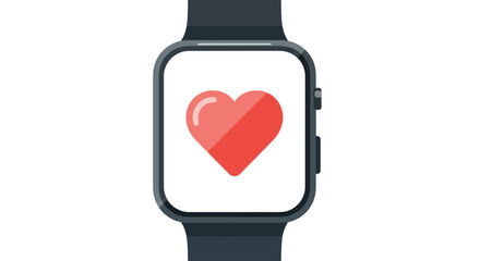 A smartwatch, black strap, displays a red heart icon on a white screen, set against a plain background