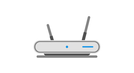 A stylized, white, rectangular device with two antennas, a blue light, and a base, set against a white background