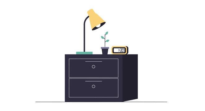 A nightstand with a lamp, small plant, and clock. Two drawers are visible. Background is white