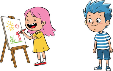 Cartoon, children, drawing, easel, art, creativity, classroom, learning, education, boy, girl, colorful, marker, flower, sun, grass, playful, happy, illustration