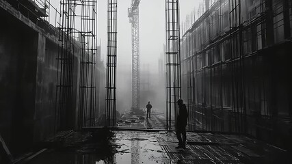 Silhouetted workers stand amidst massive construction site in heavy fog - Powered by Adobe