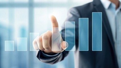 Businessman Pointing at Floating Financial Projection Bar Chart