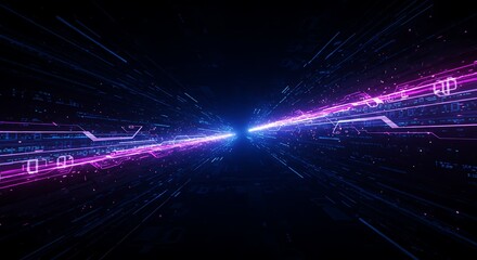 Neon-lit futuristic tunnel with glowing lines and digital elements in a dark space