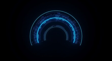 Neon blue digital arc with glowing lines and data patterns on a dark background