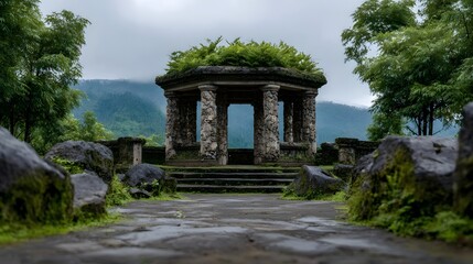 Obraz premium A serene ancient stone pavilion with overgrown vegetation sits amidst a misty mountainous landscape