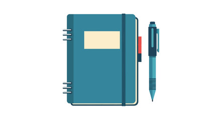 A closed teal notebook with a blank label and matching pen to the right, all on a white backdrop