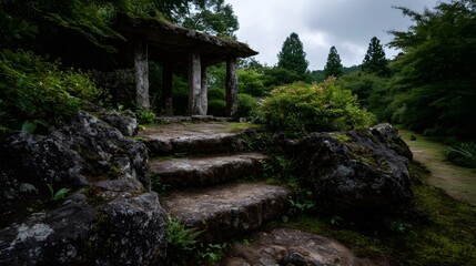 Naklejka premium An ancient stone pavilion with moss covered steps nestled in a lush overgrown garden under an overcast sky