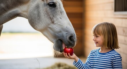 A young girl feeding an apple to a horse in a stable.