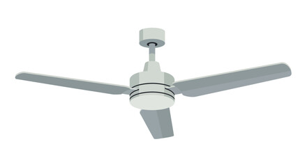 Overhead, three-bladed, light gray cooling device; hangs from the ceiling, centered. Its blades slant slightly downwards