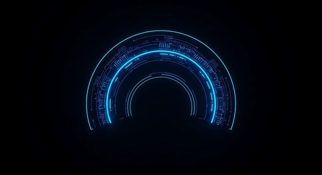 Neon blue digital arc with glowing lines and data patterns on a dark background