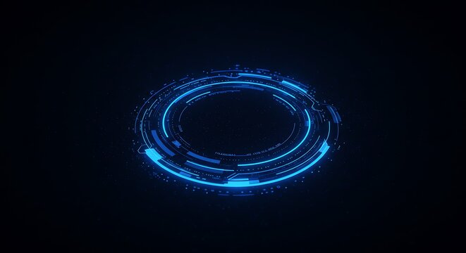 Glowing blue circular interface with futuristic design on dark background