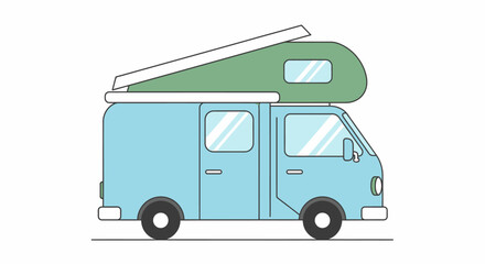 A flat-colored, stylized illustration of a blue camper van with a green pop-up roof, parked on a simple grey line