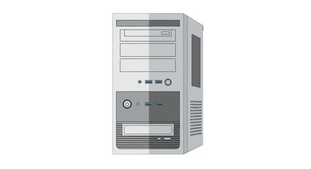 A flat illustration of a desktop computer tower, front view, with a gradient effect on its panels