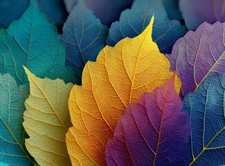 Macro Close-Up of Abstract Colorful Autumn Leaves Background, Nature's Palette with Yellow, Purple, Blue, and Green Shades, Beautiful Vein Texture and Patterns.