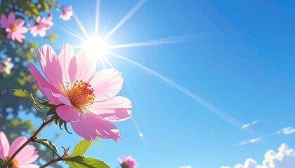 Beautiful Pink Cosmos Flower Under Sunny Sky.